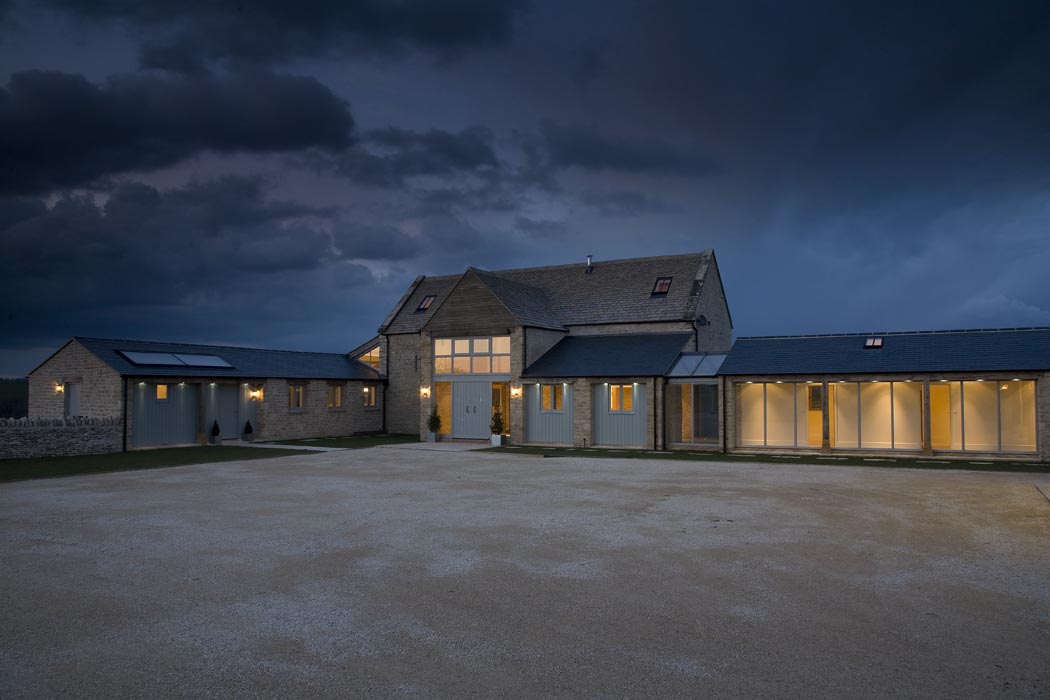 Exterior night time view of renovated Grade 2 listed barn