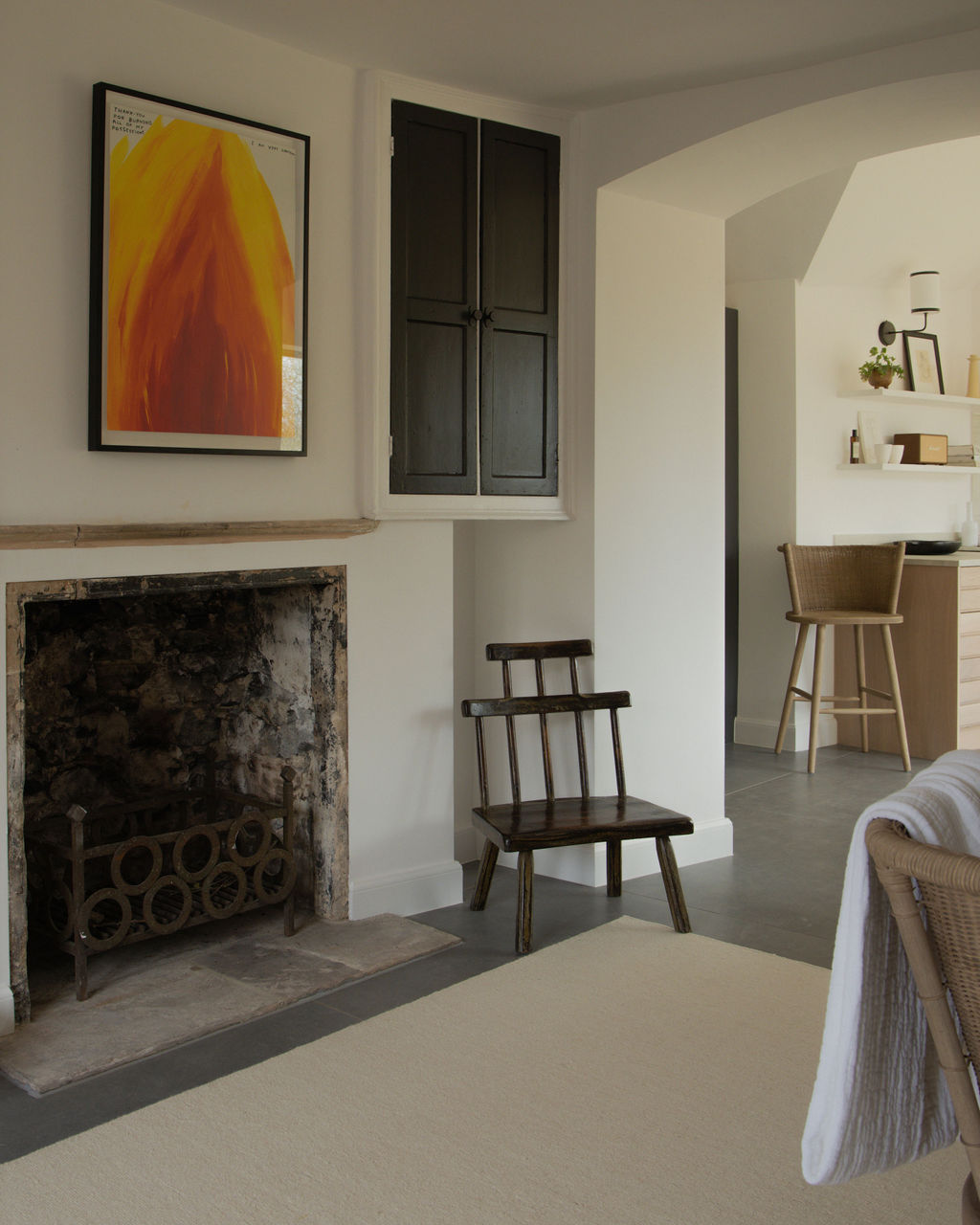 Detail of renovated traditional open fireplace