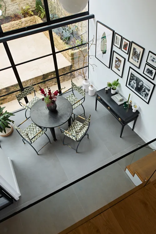 Interior view down into the new extension, with Crittall steel windows